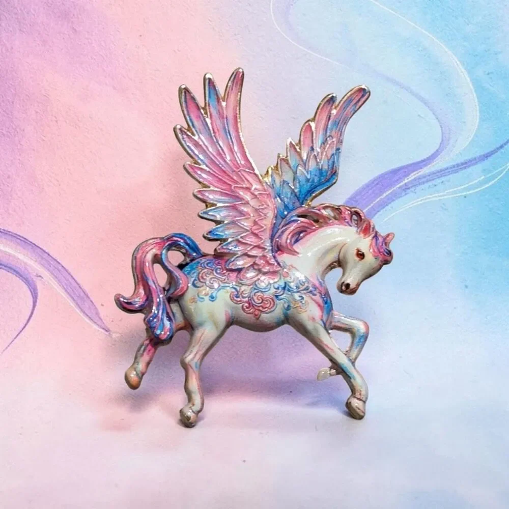 Whimsical Pegasus Brooch, Winged Horse Pin, Fantasy Cottagecore Jewelry